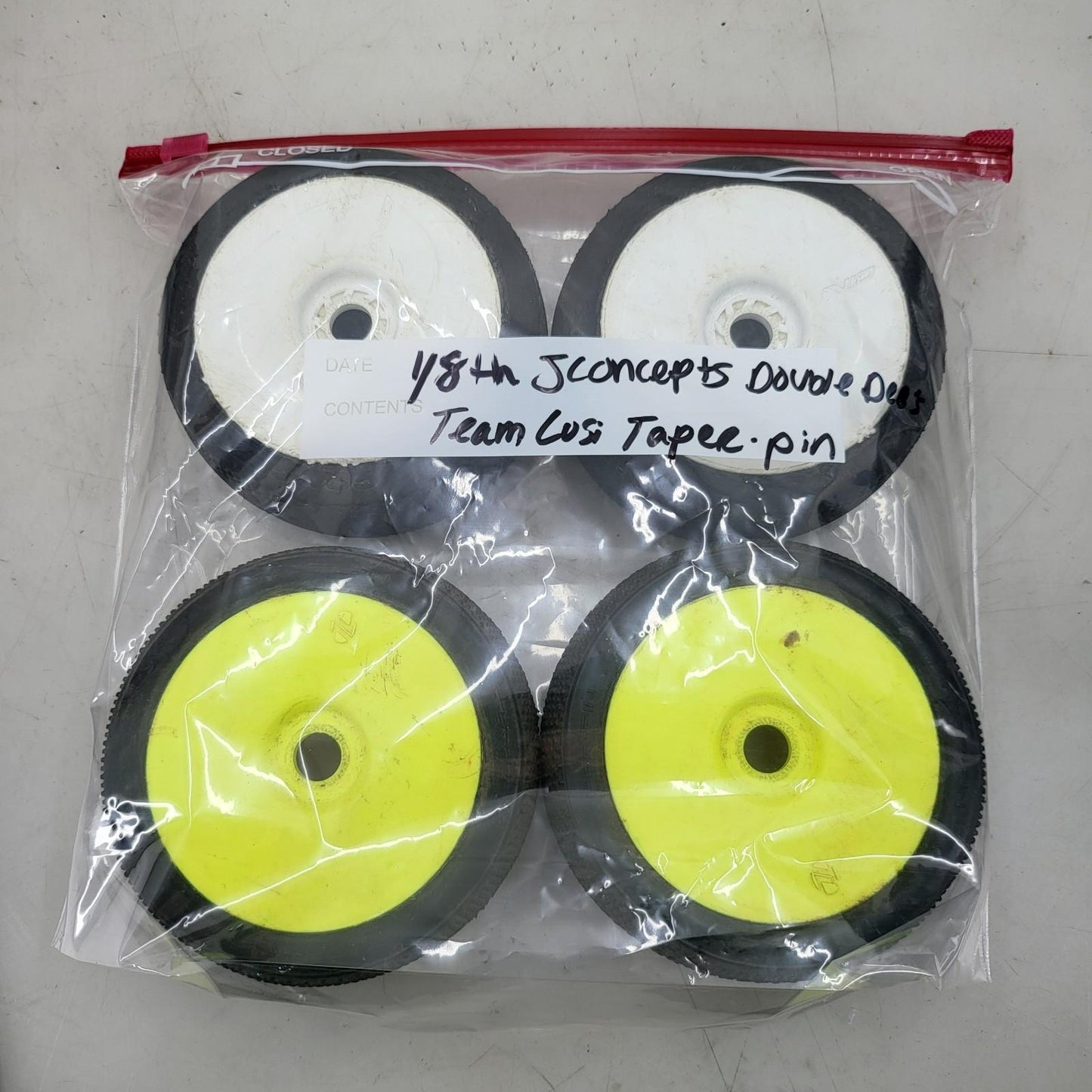 Jconcepts double dee's and Losi taper-pin tires on 1/8 buggy wheels