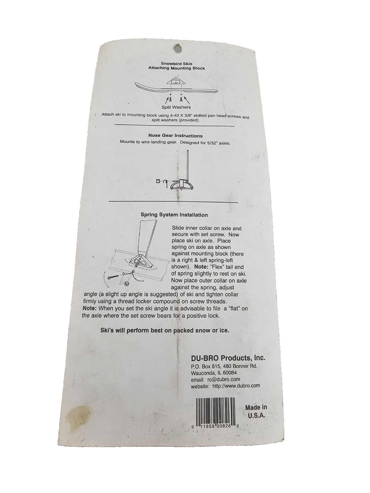 DU-BRO Snowbird skies, nose gear in black, NOS #826