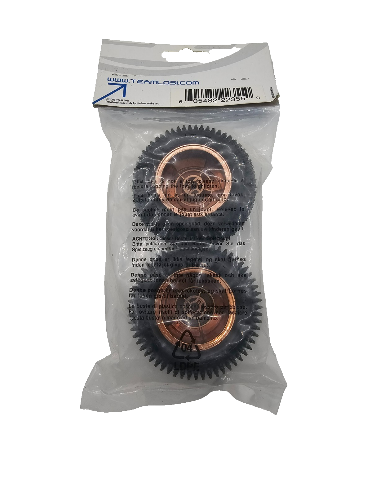 Losi rear step pin tires on copper colored wheels for mini baja NOS #LOSB1193