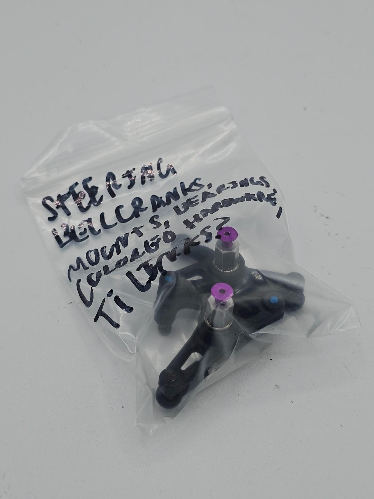 Losi XXX-S steering bellcranks, mounts, bearings, colored hardware, links