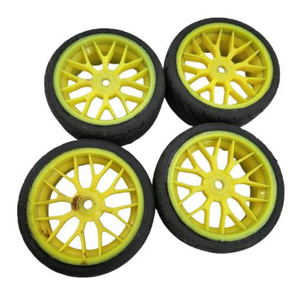 Team Associated TC3, NTC3 tires/ mounted wheels, yellow, worn