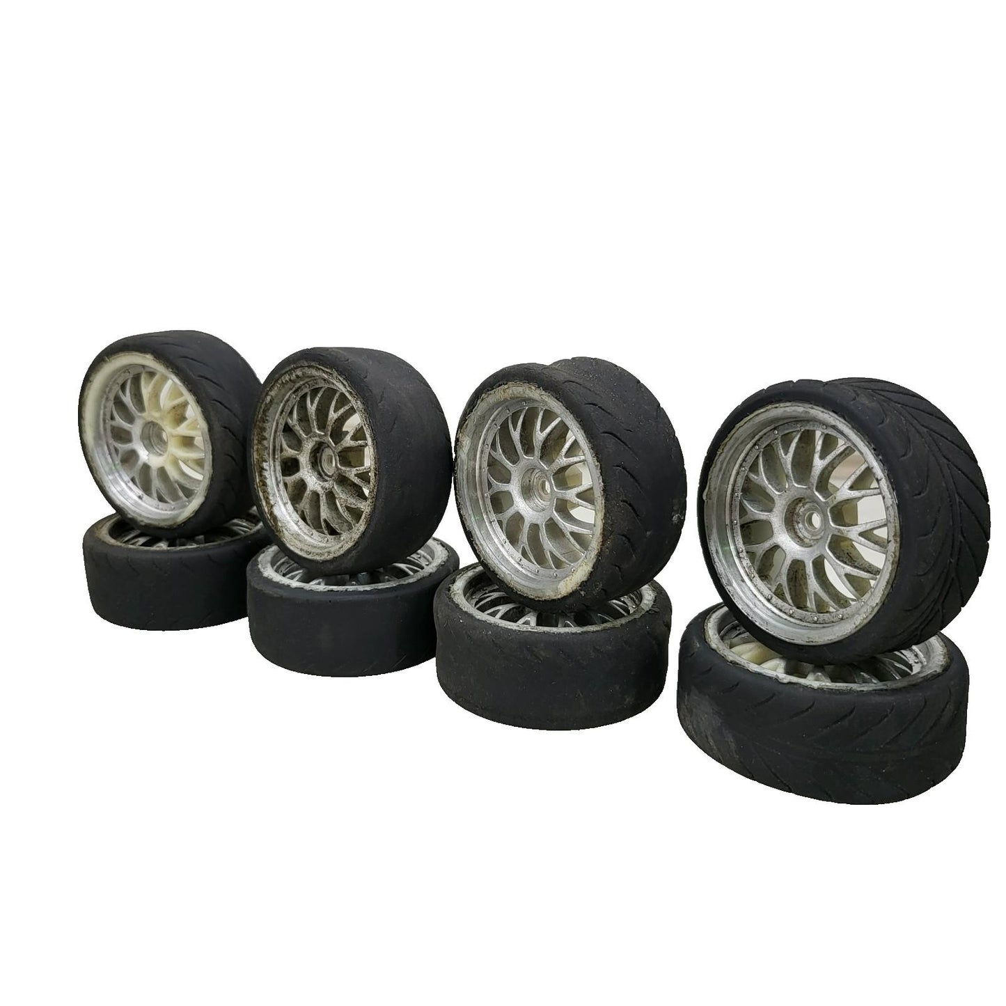 1/10th scale street wheels with variously worn tires, x8
