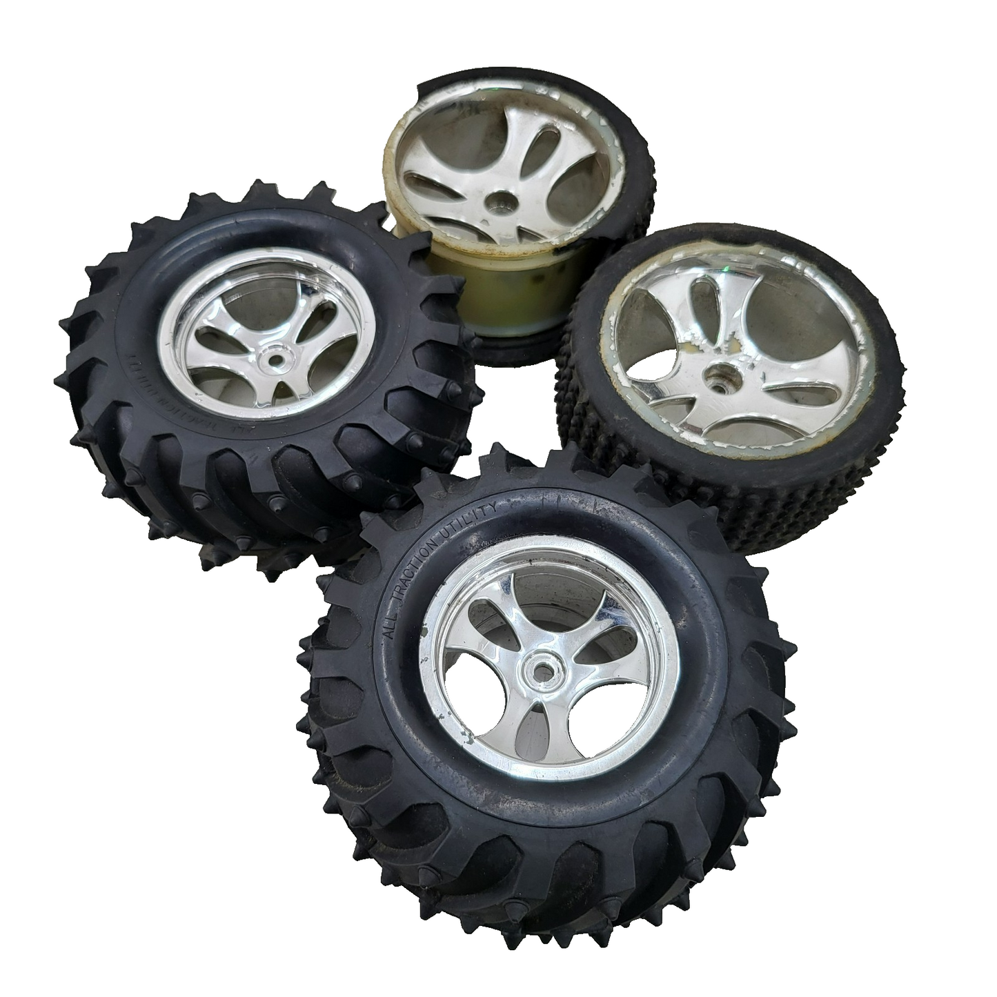 1/8 wheels, 2 blown out 2 in very good condition Losi step pin