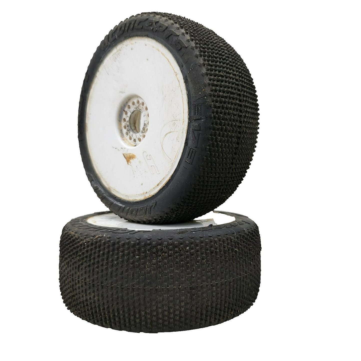 Jconcepts white 1/8th buggy wheels on teazer tires x2