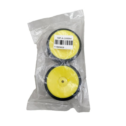 1/10th scale new drift tires on yellow buggy style dish wheels