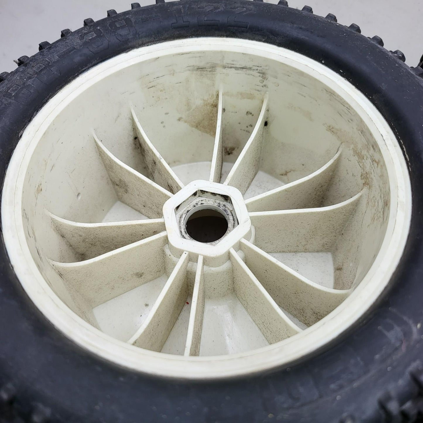 Cen Racing 88-39-122 "Sniper" tires on white buggy wheels  1/8, 1/7 x3