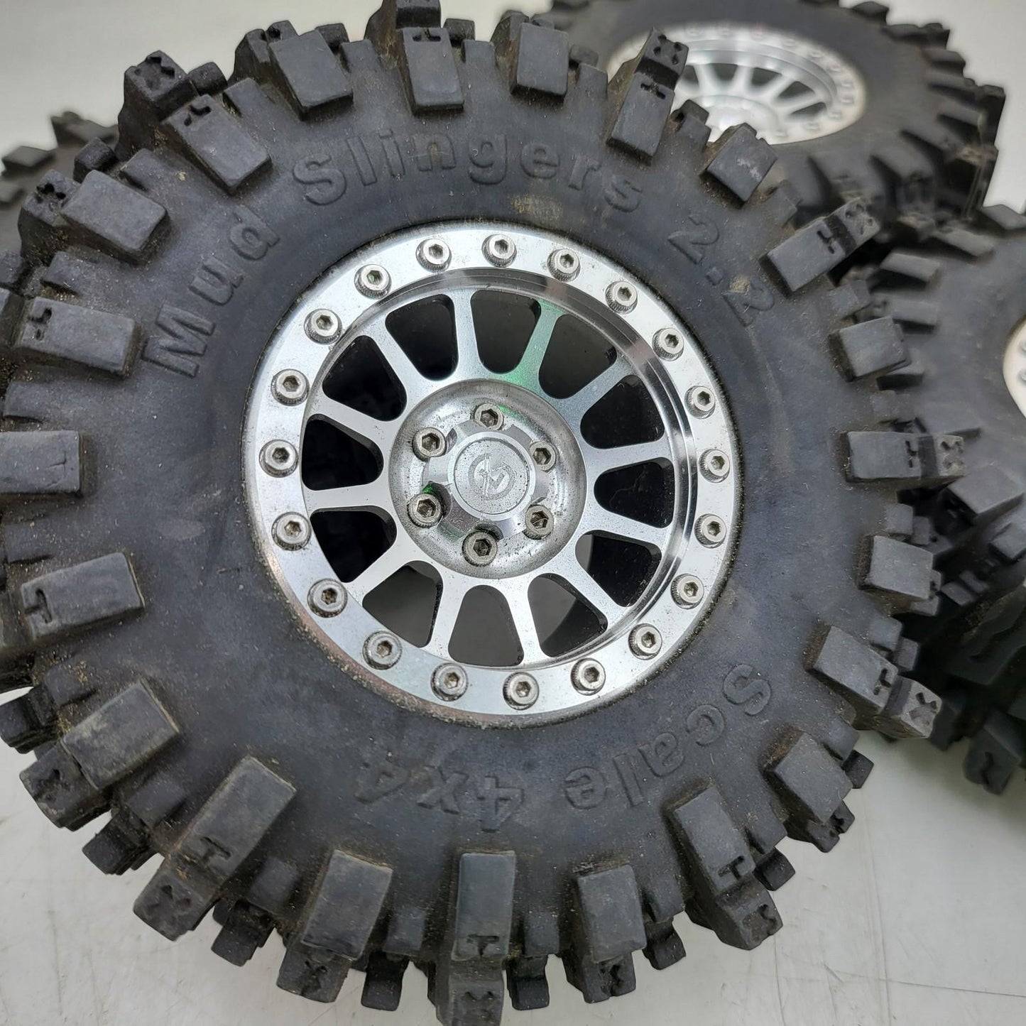 X4 Mud slinger 2.2 tires 4x4 on billet aluminum weighted GL wheels 1/10th SCX10
