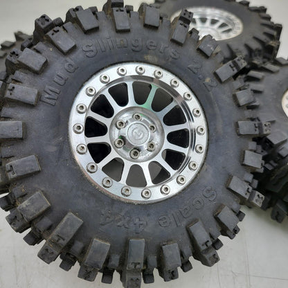 X4 Mud slinger 2.2 tires 4x4 on billet aluminum weighted GL wheels 1/10th SCX10