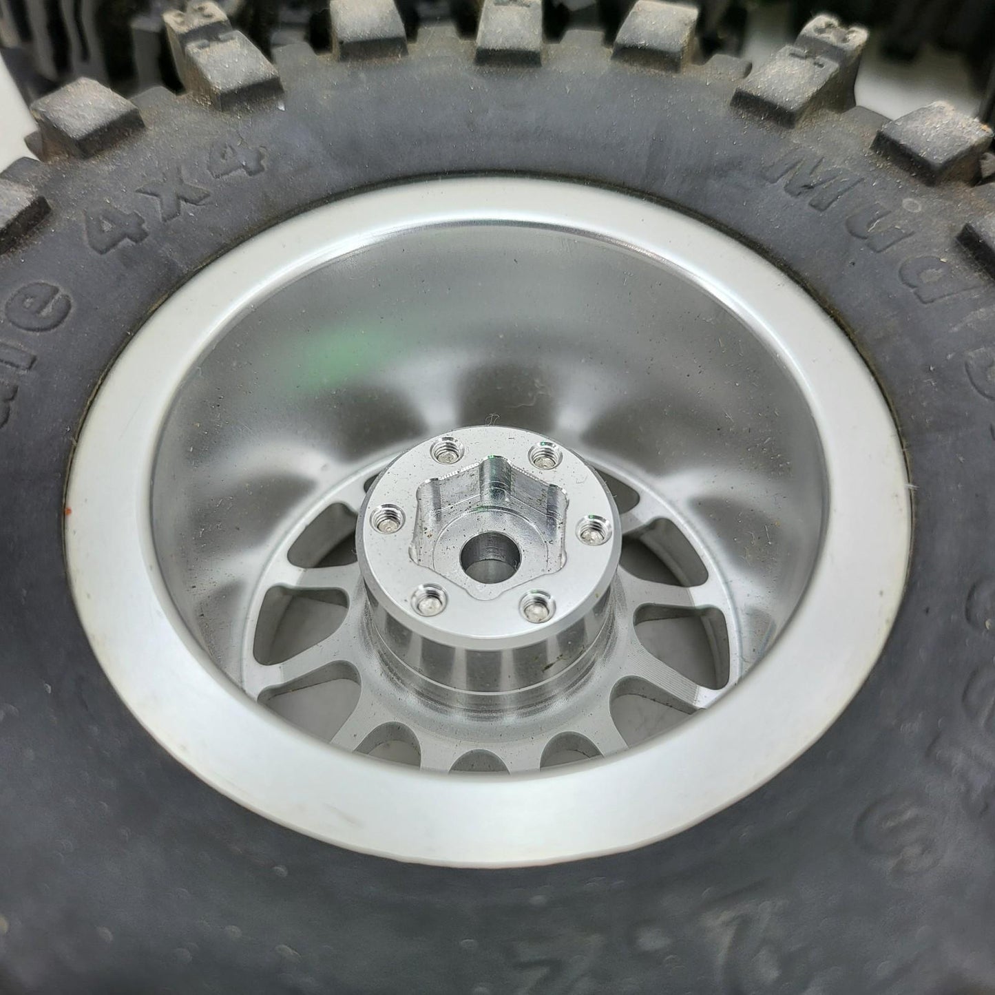 X4 Mud slinger 2.2 tires 4x4 on billet aluminum weighted GL wheels 1/10th SCX10