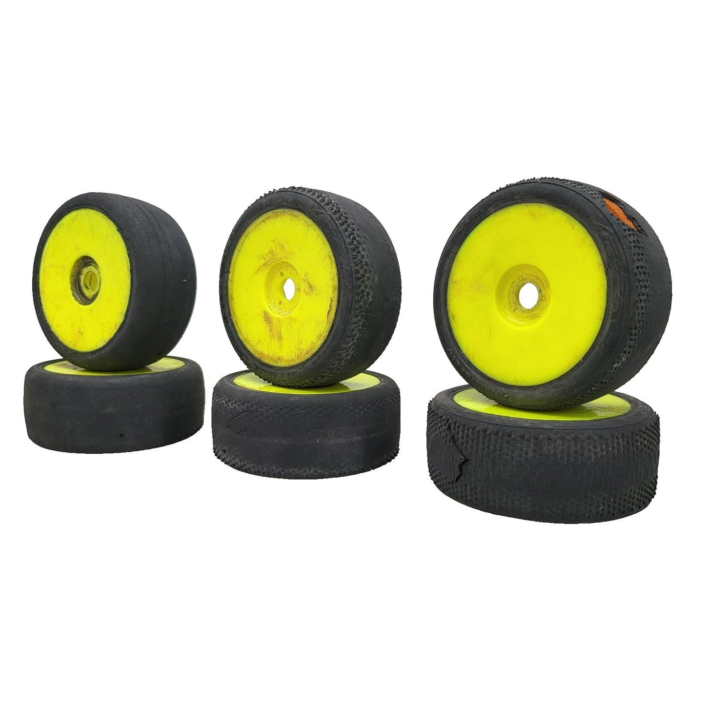 X6 1/10Th scale yellow buggy wheels, 2 different treads VP-PRO, worn