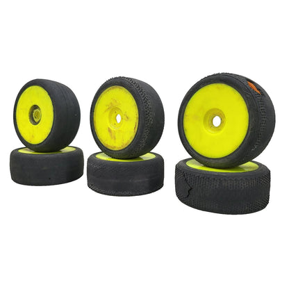 X6 1/10Th scale yellow buggy wheels, 2 different treads VP-PRO, worn