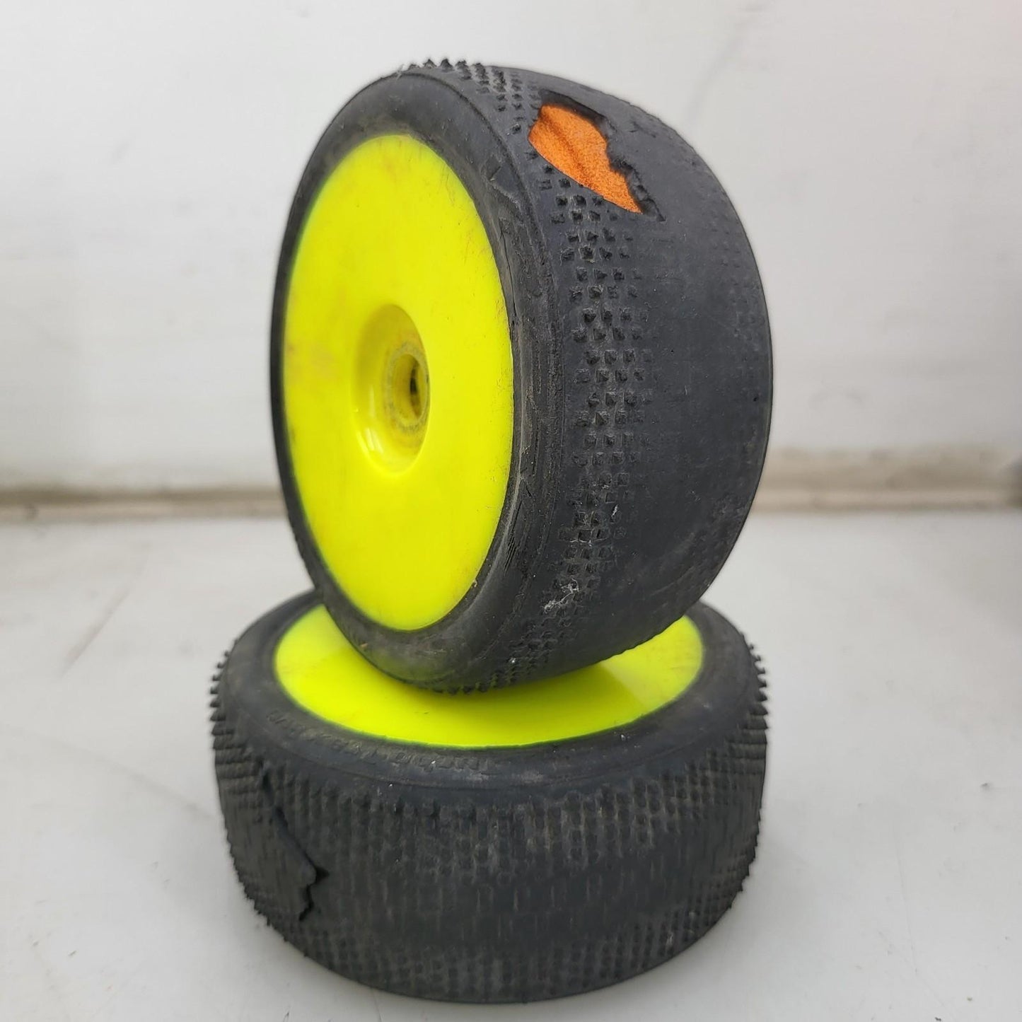 X6 1/10Th scale yellow buggy wheels, 2 different treads VP-PRO, worn