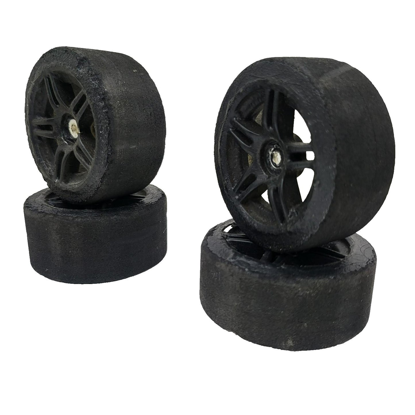 1/10th scale foam tires on black painted multi spokes, removed from TC3