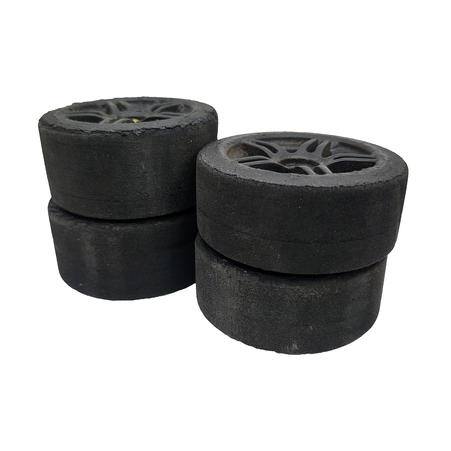 1/10th scale foam tires on black painted multi spokes, removed from TC3