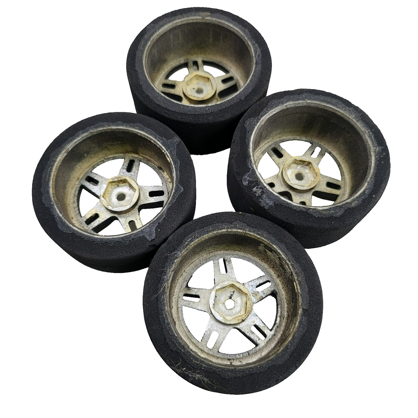 1/10th scale foam tires on black painted multi spokes, removed from TC3