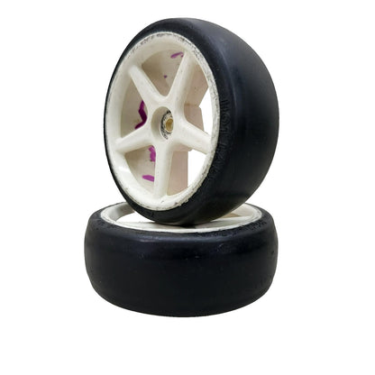 Proline Hot lap 1/10th scale tires on white multi-spoke tires, x2