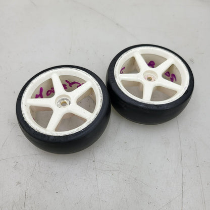 Proline Hot lap 1/10th scale tires on white multi-spoke tires, x2