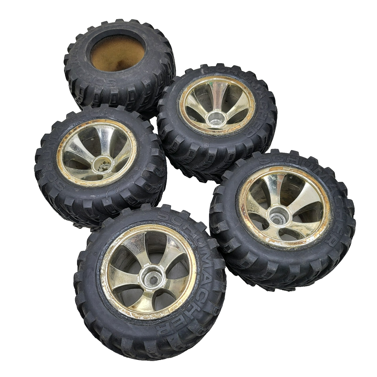 Schumacher 12mm hex tires on multi spoke wheels for buggy, set of 4 w/ spare