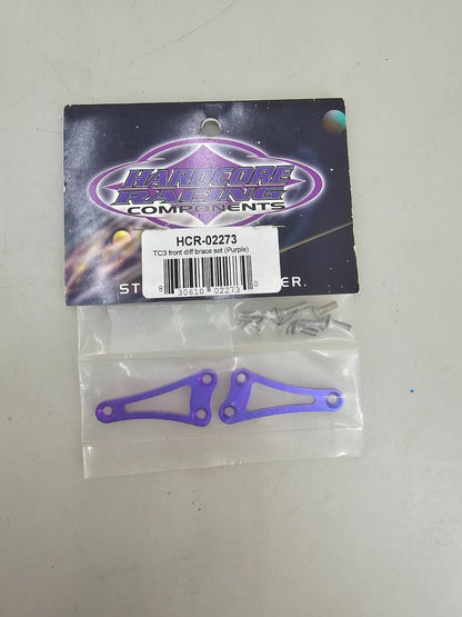 Hardcore Racing TC3 Front Differential braces Purple, some hardware removed