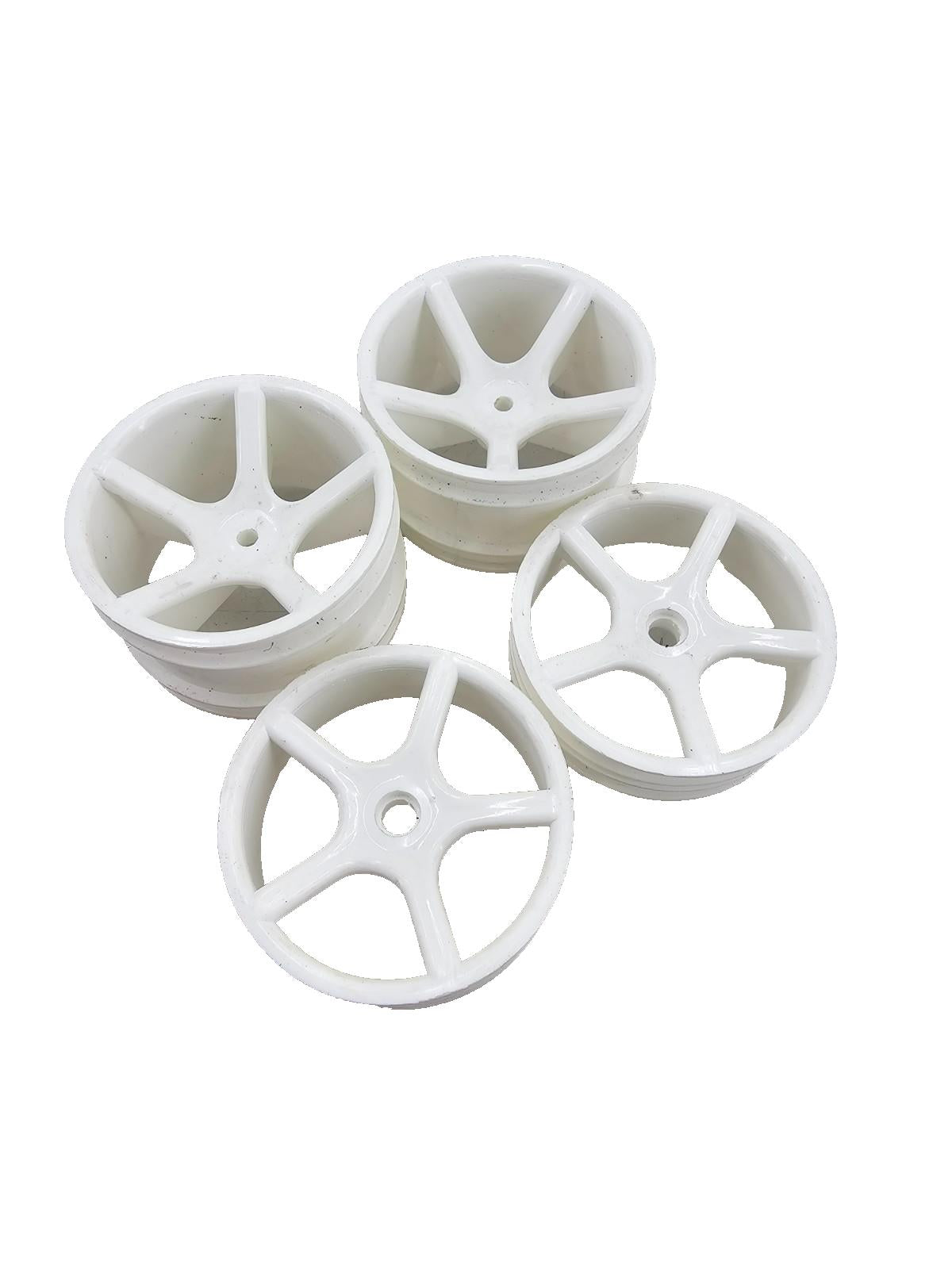 Unbranded 1/10th scale white 5 spoke wheels, staggered, appear to be new