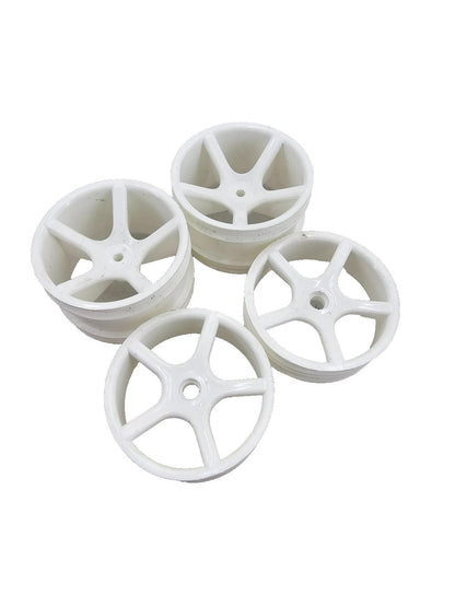 Unbranded 1/10th scale white 5 spoke wheels, staggered, appear to be new