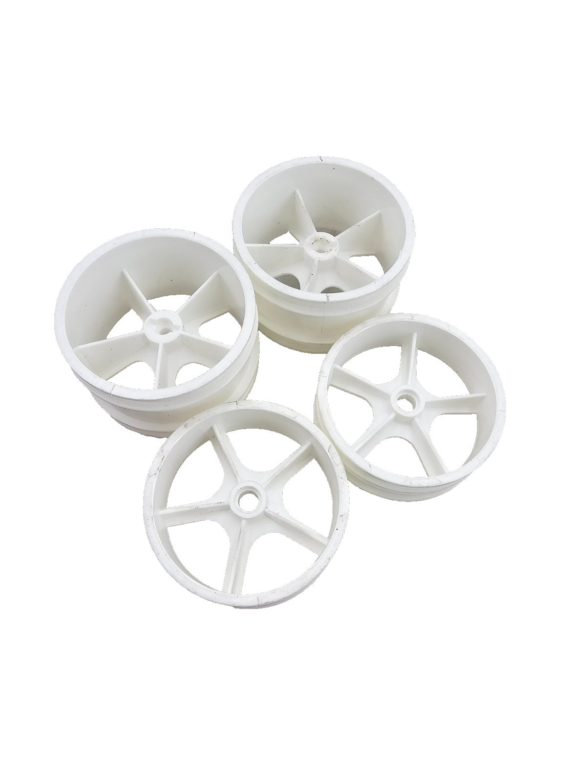 Unbranded 1/10th scale white 5 spoke wheels, staggered, appear to be new