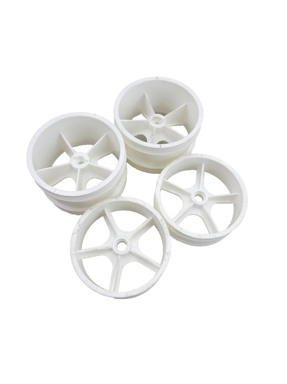 Unbranded 1/10th scale white 5 spoke wheels, staggered, appear to be new