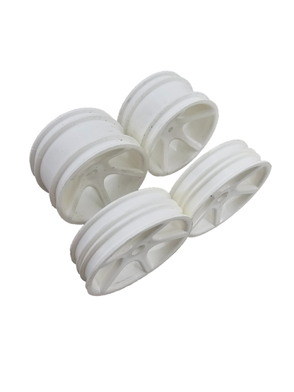 Unbranded 1/10th scale white 5 spoke wheels, staggered, appear to be new