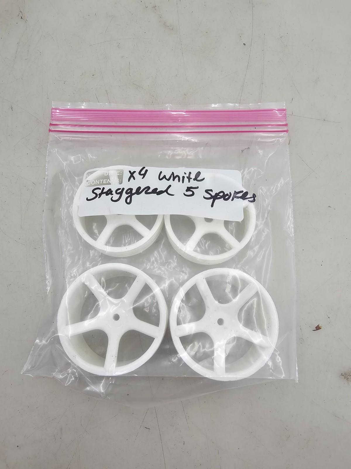 Unbranded 1/10th scale white 5 spoke wheels, staggered, appear to be new