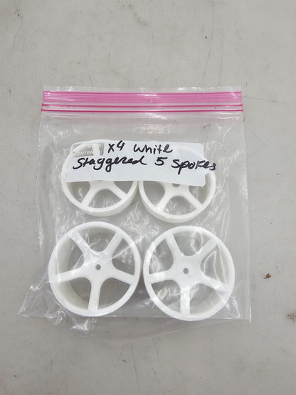 Unbranded 1/10th scale white 5 spoke wheels, staggered, appear to be new