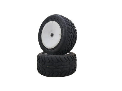 Pro-Line Dirt Hawg tires on white wheels, 1.70 x 3.60 12mm hex