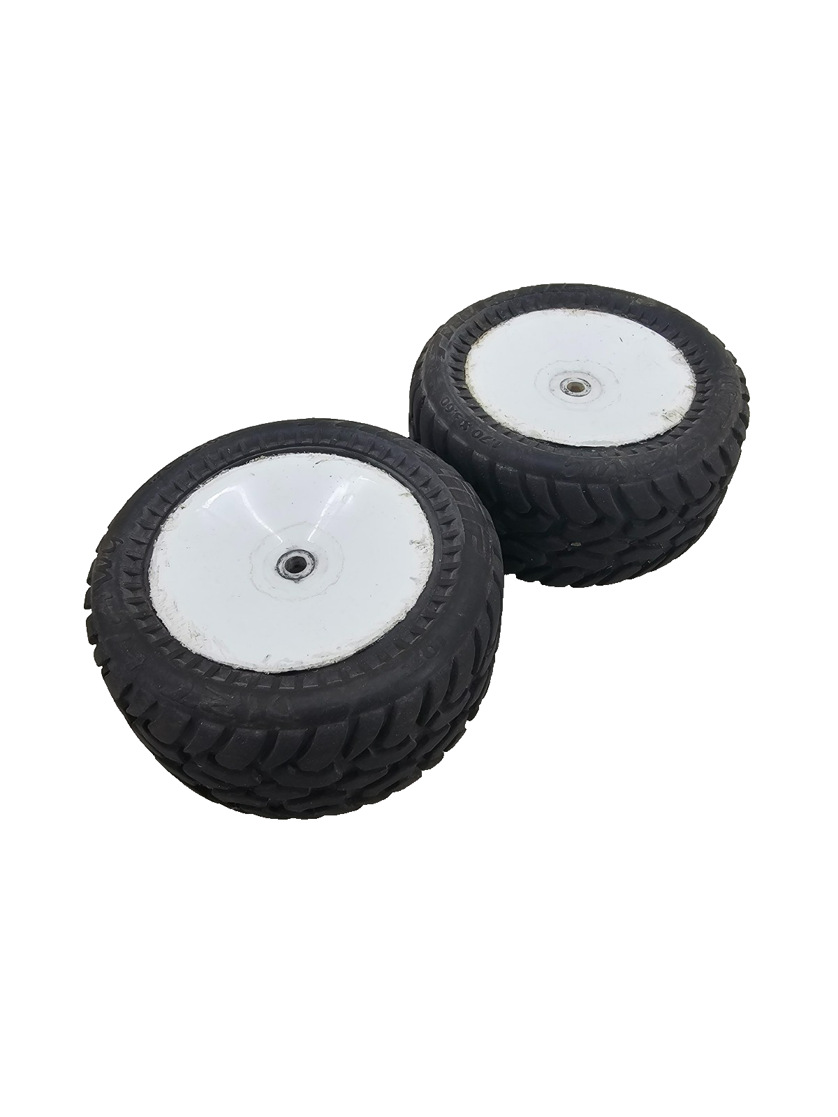 Pro-Line Dirt Hawg tires on white wheels, 1.70 x 3.60 12mm hex