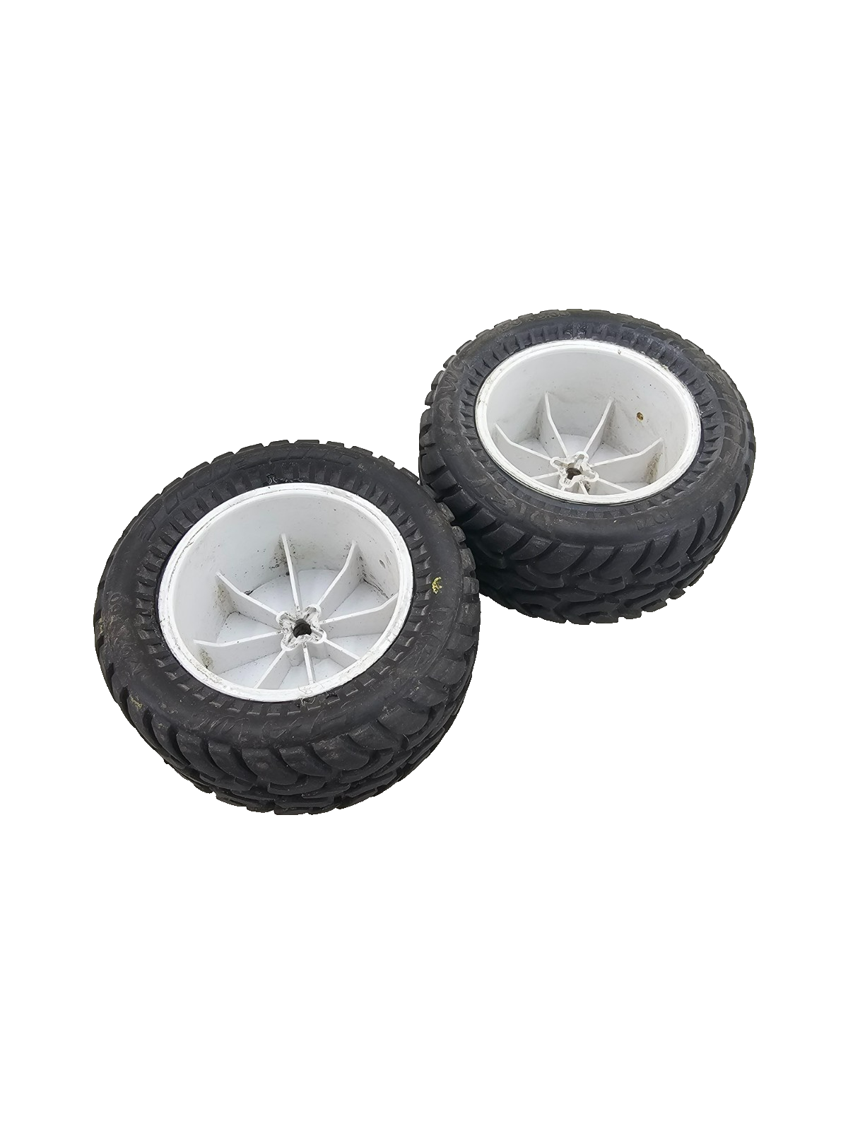 Pro-Line Dirt Hawg tires on white wheels, 1.70 x 3.60 12mm hex