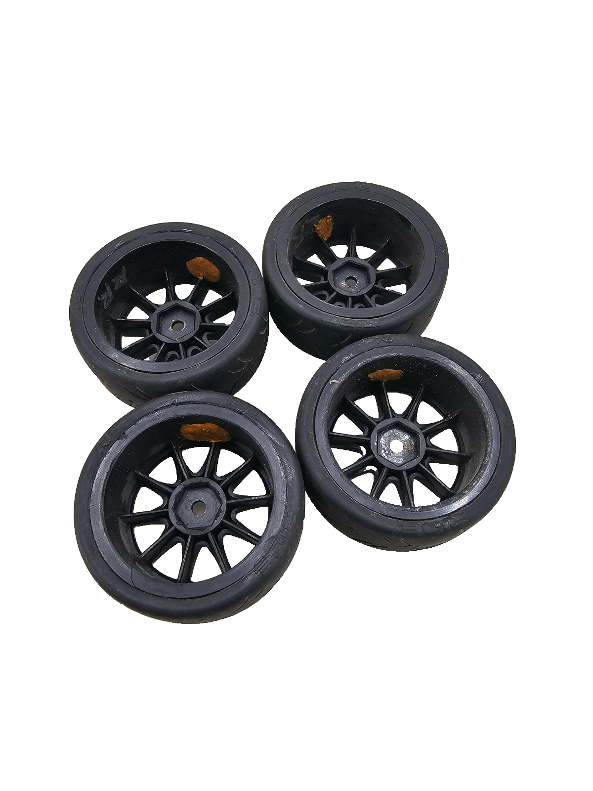 RJ Ride street tires on multi spoke wheels for 1/10th scale rc car, set of four