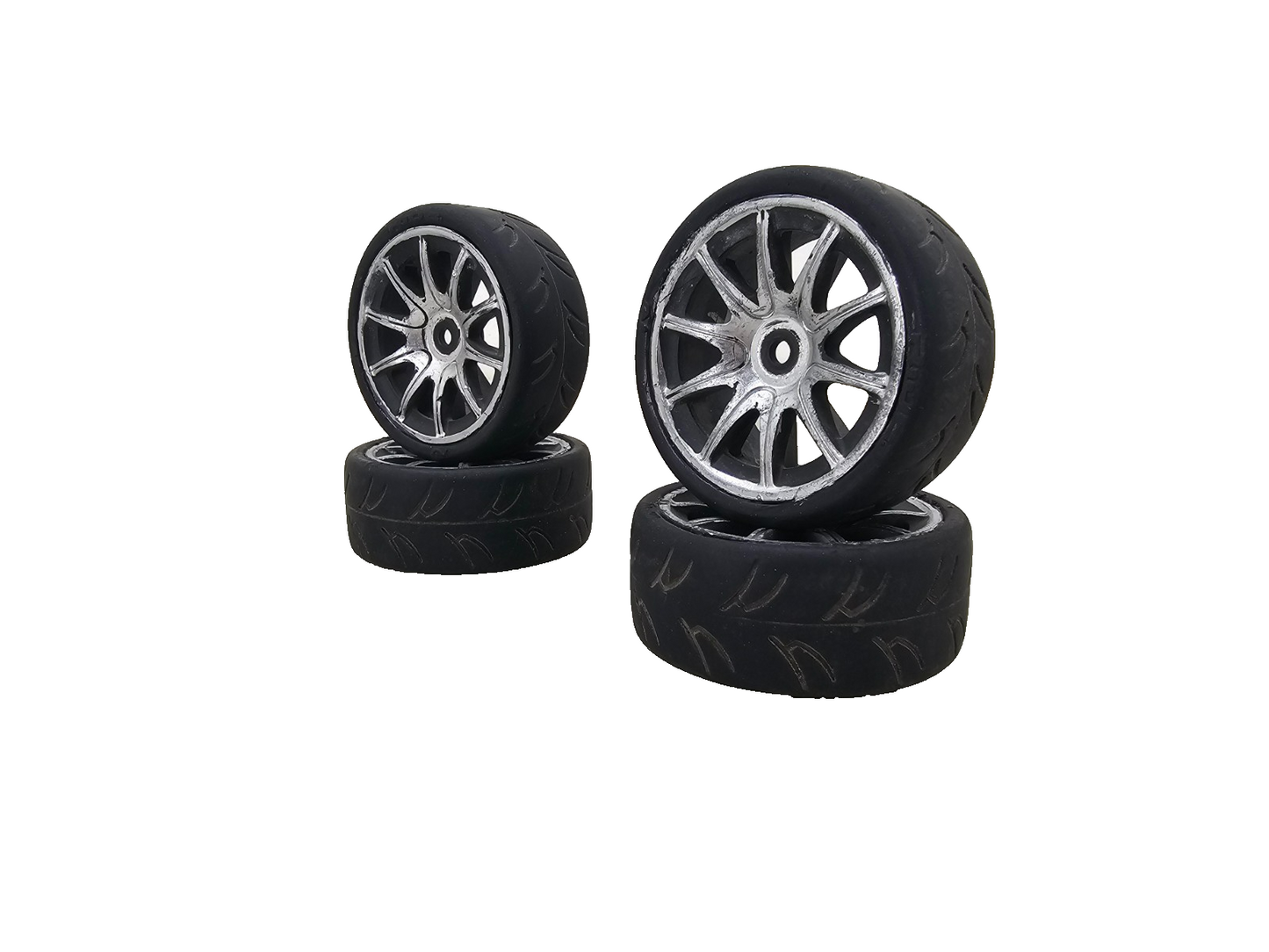 RJ Ride street tires on multi spoke wheels for 1/10th scale rc car, set of four