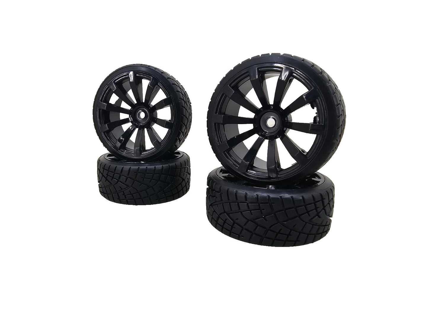 1/10th scale RC drift wheels, gloss black multi spoke on treaded hard tires