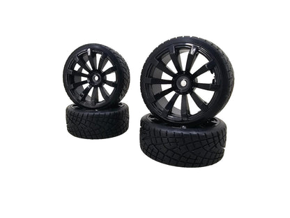 1/10th scale RC drift wheels, gloss black multi spoke on treaded hard tires
