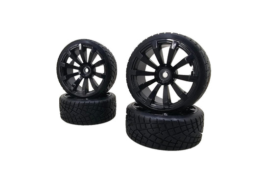 1/10th scale RC drift wheels, gloss black multi spoke on treaded hard tires