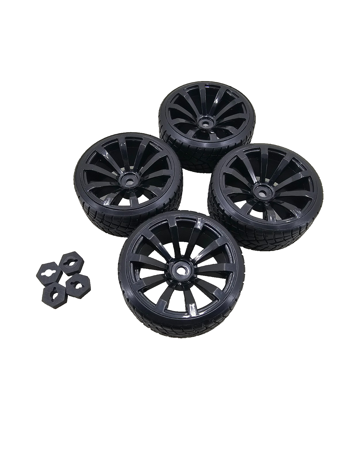 1/10th scale RC drift wheels, gloss black multi spoke on treaded hard tires