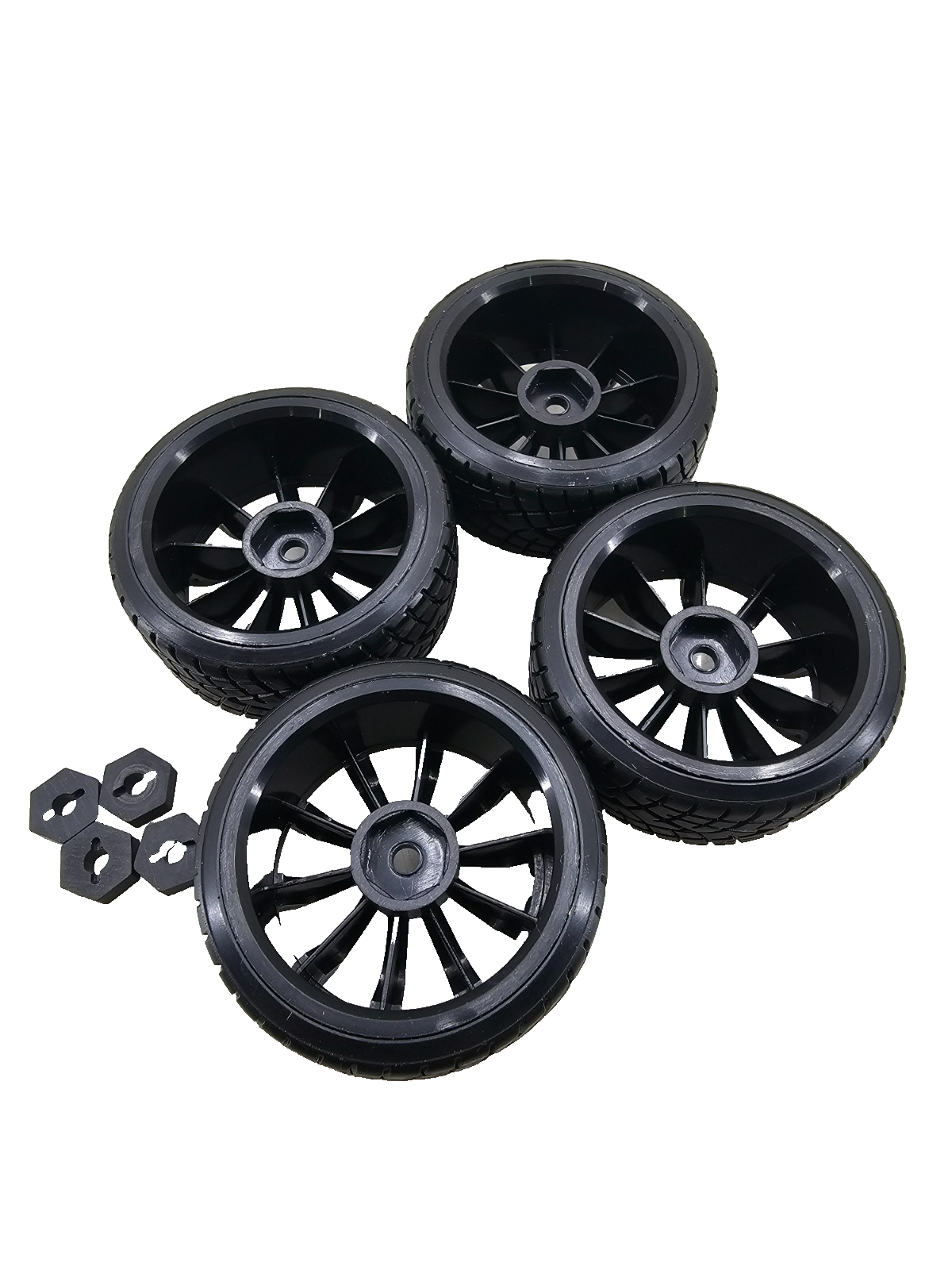1/10th scale RC drift wheels, gloss black multi spoke on treaded hard tires