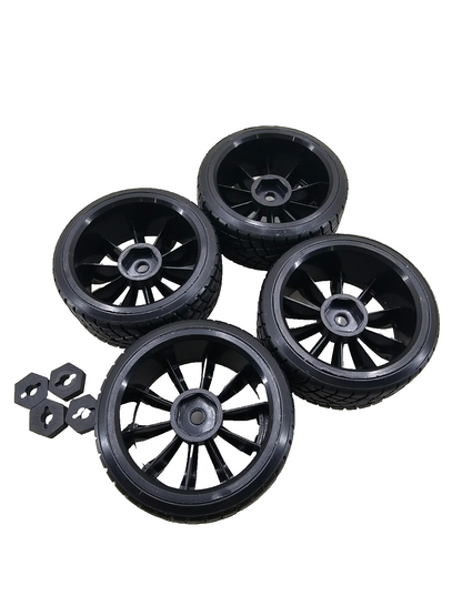 1/10th scale RC drift wheels, gloss black multi spoke on treaded hard tires