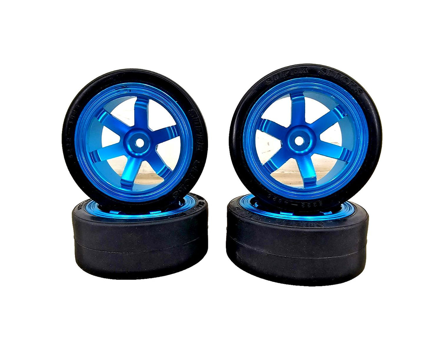 Very nice 1/10th scale blue aluminum 6 spoke TE37 wheels w/ super slicks
