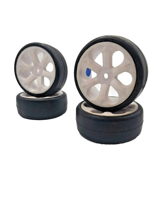 Jaco Foam 1/10 tires , blue compound, on 12mm hex white wheels. Mounted, unused.