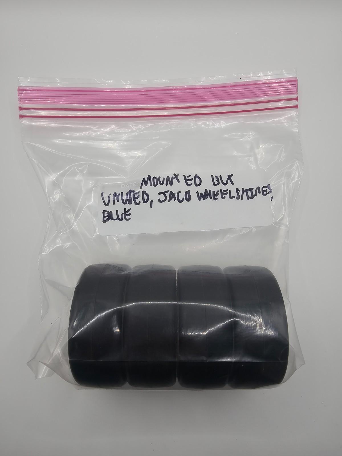 Jaco Foam 1/10 tires , blue compound, on 12mm hex white wheels. Mounted, unused.