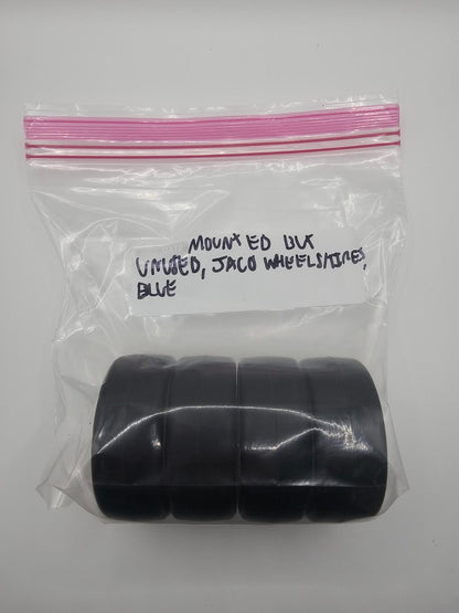 Jaco Foam 1/10 tires , blue compound, on 12mm hex white wheels. Mounted, unused.