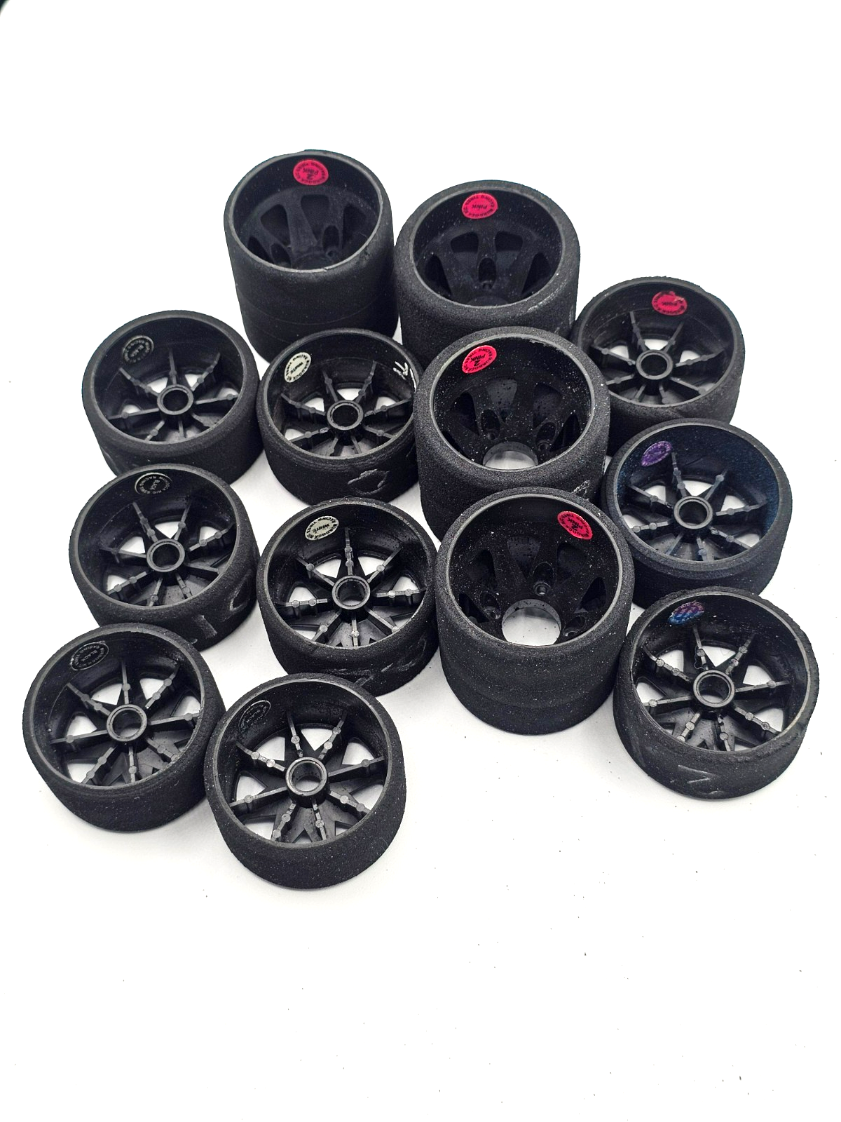 1/10th scale foam wheels for carpet racing pan car, pink, black white compounds