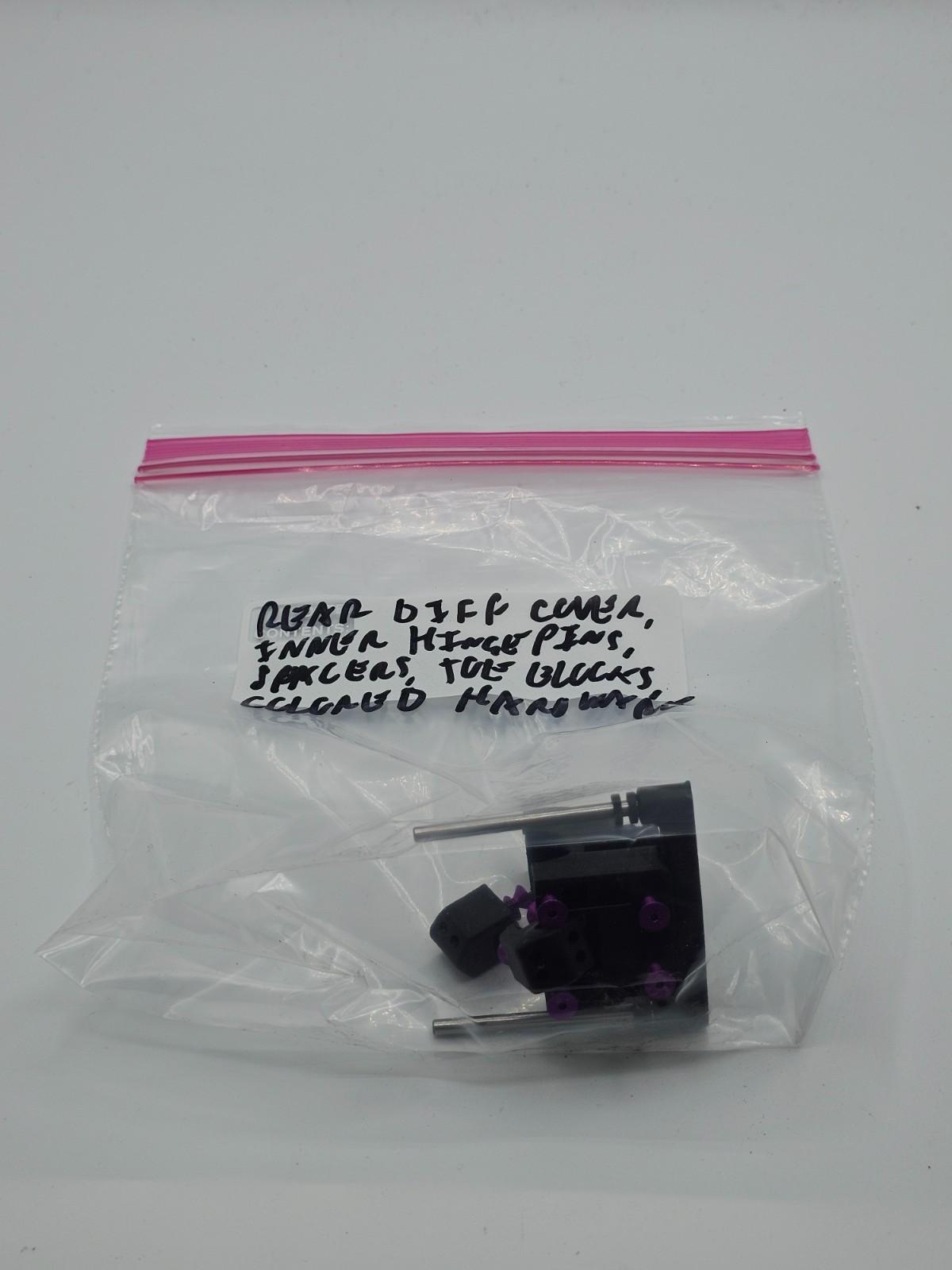 Losi XXX-S Differential case/ cover #4213 with toe blocks, pins, purple hardware