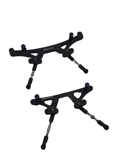 Losi XXX-S Graphite shock towers with links, standoffs, hardware, front cracked